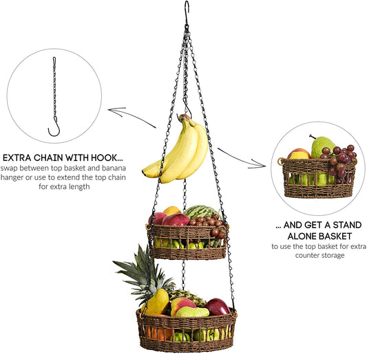 3-Tier Wicker Basket: Hanging Fruit & Veg Organizer with Banana Holder