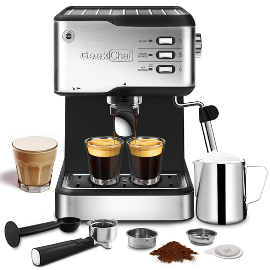 Geek Chef 20-Bar Espresso & Cappuccino Maker: 950W with Milk Frother, 1.5L Tank, ESE POD Compatible